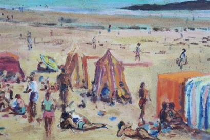 null Paul DELTOMBE (1878-1971).

Les cabines à la plage.

Huile sur toile, signée...