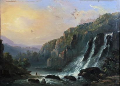 null Christian BRUNE (1793-1849).

Promeneur et son chien au bord des cascades.

Huile...