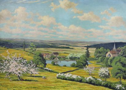 null REX BARRAT (1914-1974).

Cerisiers en fleurs dans un vallon nivernais.

Huile...
