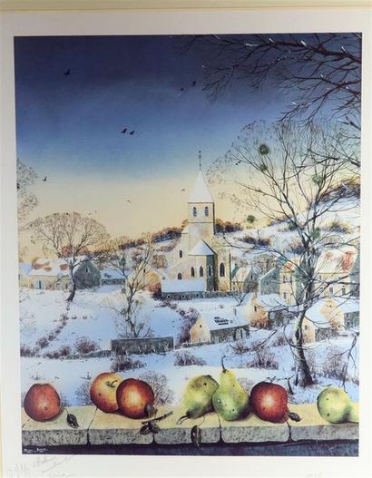 null Michel BESZIE (1940).

Fruits devant un village enneigé.

Lithographie en couleurs,...