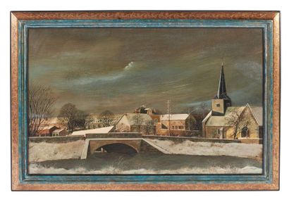 null Albert DRACHKOVITCH-THOMAS (1928).

Neige sur Garchy, 1959.

Tempera sur panneau,...