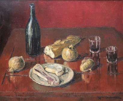 null REX BARRAT (1914-1974).

La table rouge, nature morte.

Huile sur toile, signée...