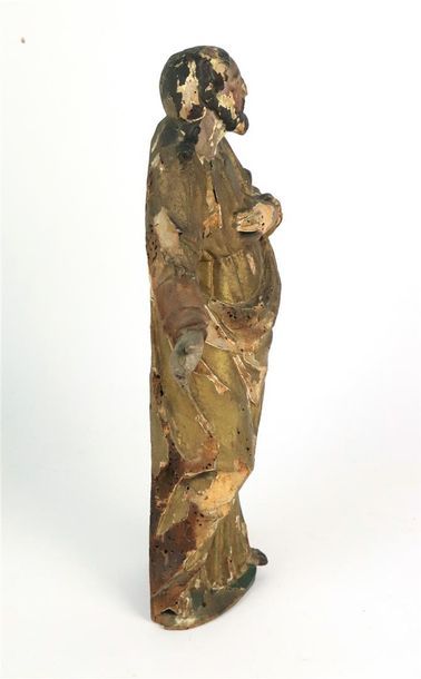 null Statuette en bois sculpté, polychrome et doré figurant un saint personnage.

XVIIIème...
