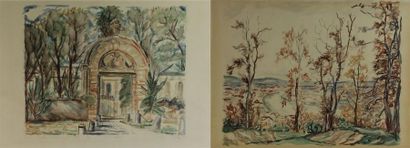 null André FAVORY (1888-1937).

Paysage et porche.

Aquarelle double face, signée...
