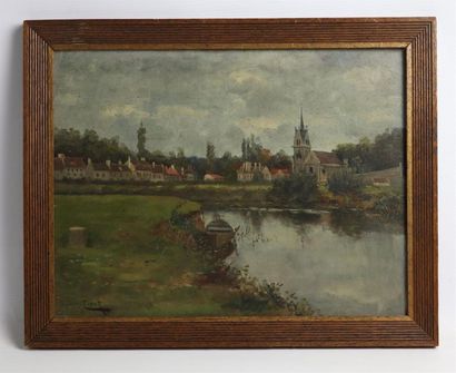 null Franck CINOT (c.1850-1890).

Vue de village avec église et cours d'eau.

Huile...