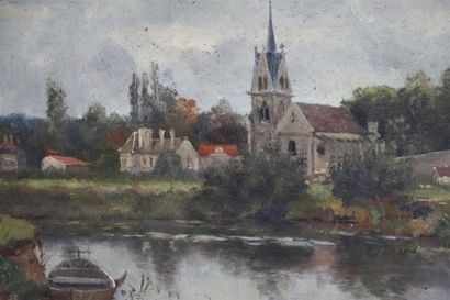 null Franck CINOT (c.1850-1890).

Vue de village avec église et cours d'eau.

Huile...