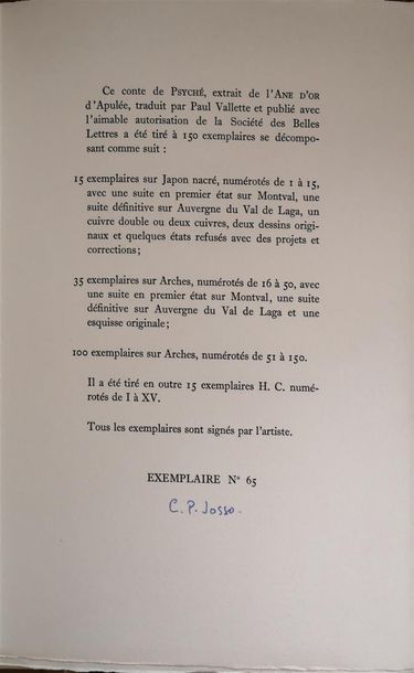 null [APULÉE/JOSSO] APULÉE, Psyché, Paris, Aux dépens de l'artiste, 1954.

Un volume...