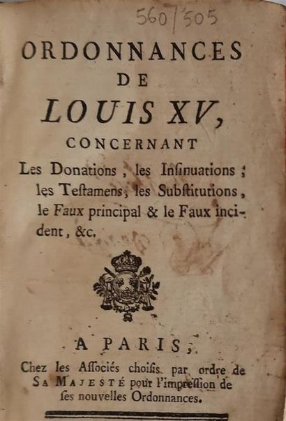 null Un lot de trois volumes d'ordonnances du xviiie siècle :

 Ordonnances de Louis XV,...