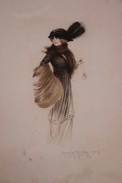 null Maurice MILLIERE (1871-1946).

Jeune femme à la Belle Epoque.

Aquatinte, signée...