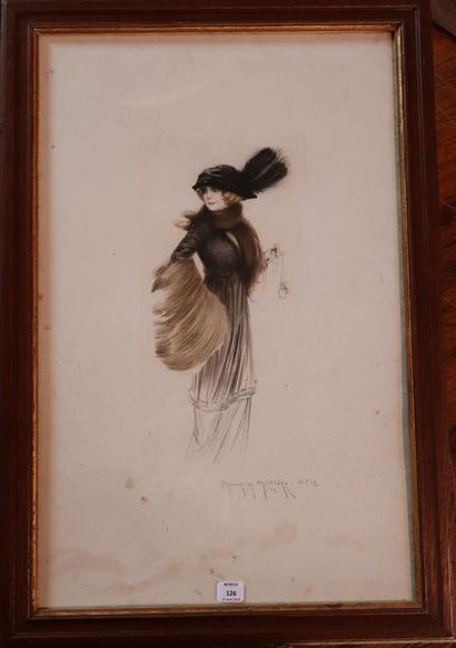null Maurice MILLIERE (1871-1946).

Jeune femme à la Belle Epoque.

Aquatinte, signée...