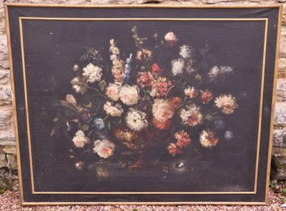 null Ecole française du XIXème siècle.

Bouquet de fleurs dans un vase sur un entablement,...