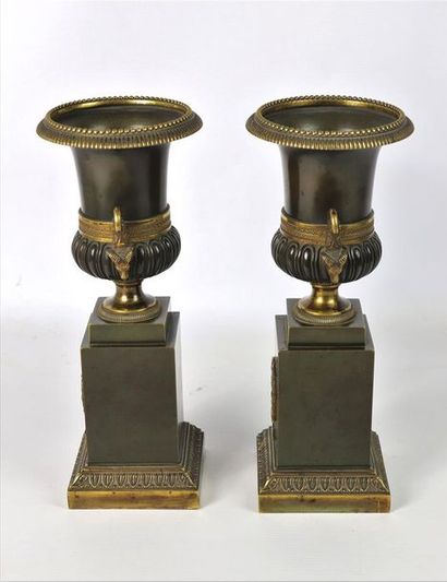 null Paire de vases Medicis en bronze à patine brune et bronze doré, les anses en...