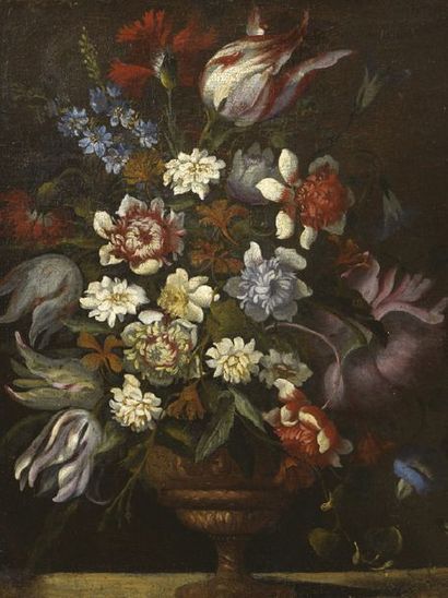 École Française du XVIIe siècle 
Vase de fleurs sur un entablement
Huile sur toile.
(Rentoilage,...
