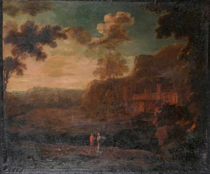 ÉCOLE FRANCAISE, première moitié du XVIIIe siècle 
Paysage au château et à la rivière...