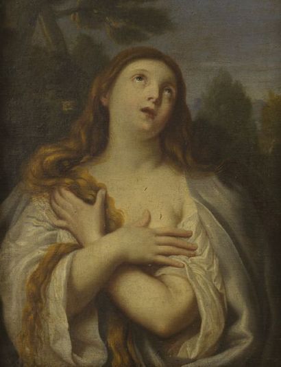 École Française du XVIIe siècle 
Marie Madeleine en oraison
Huile sur toile.
(Rentoilage,...
