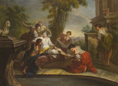 ECOLE FRANCAISE Première Moitié du XVIIIe siècle 
Bethsabée au bain
Huile sur toile.
(Quelques...