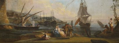 Ecole française fin du XVIIIe siècle 
Vue de port avec pêcheurs et femmes de qualité...