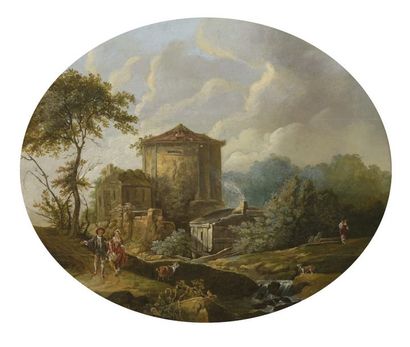 François BOUCHER (1703-1770), école de 
Paysage au pigeonnier et à la rivière avec...