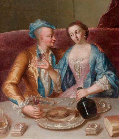 École FRANÇAISE du XVIIIe siècle 
Le déjeuner galant
Huile sur toile.
Bordure en...