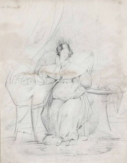Achille DEVÉRIA (1800-1857) 
Portrait de Madame de Braux tenant un bébé
Dessin au...