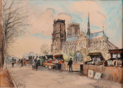 FRANK WILL (1900-1951) 
Bouquinistes devant la cathédrale Notre Dame de Paris
Aquarelle,...
