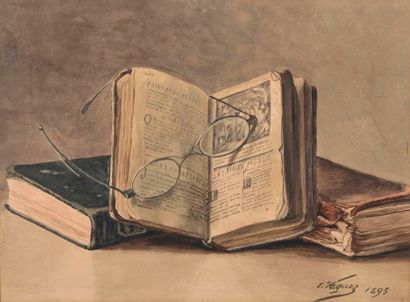 EMILE VAQUEZ (1841-1900) 
Nature morte au livre de messe et lunettes
Aquarelle et...