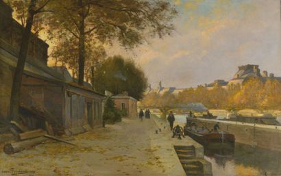 Louis Anatole TOUSSAINT (1856-1919) 
Quais de Seine à Paris
Grande huile sur toile,...