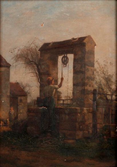 Eugène LAVIEILLE (1820-1889) 
Femme au puits à Vénecy
Huile sur toile, signée en...