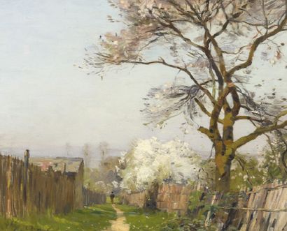 Constant PAPE (1865-1920) 
Paysage de printemps
Huile sur toile, signée en bas à...