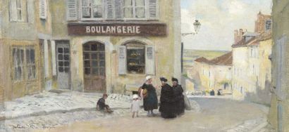 Jules-René HERVÉ (1887-1981) 
Devant la boulangerie
Huile sur toile, signée en bas...