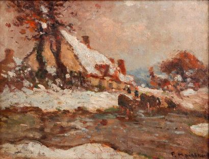 Fernand MAILLAUD (1863-1948) 
Ferme sous la neige
Huile sur toile marouflée sur carton,...