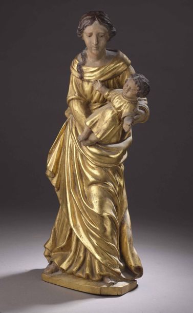 null STATUE en bois polychrome et doré représentant la Vierge à l'enfant
France,...