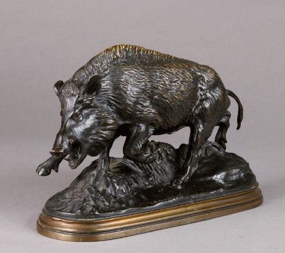 Isidore BONHEUR (1827-1901) 
Sanglier courant
Epreuve en bronze à patine brune, signée...