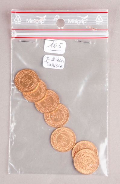 null 
Sept pièces de 20 Francs or, Tunisie 1892-1904.
