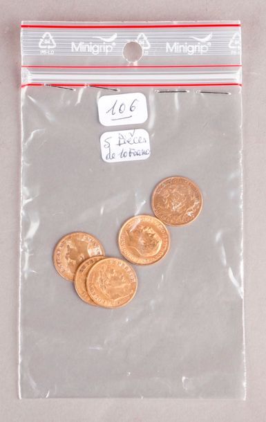 null 
Cinq pièces de 10 Francs or : Napoléon III, République et demi-souverain George...
