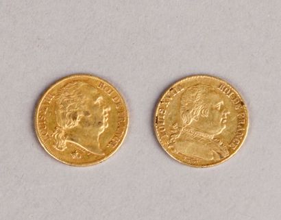null 
Deux pièces de 20 Francs or, Louis XVIII, 1815 et 1819 (usures).
