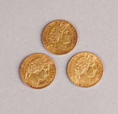 null 
Trois pièces de 20 Francs or Cérès, République Française, 1849 et 1851.
