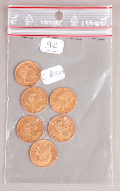 null 
Six pièces de 20 Francs or Napoléon III.
