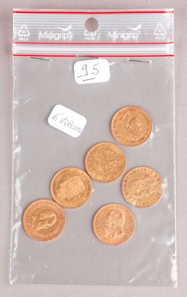 null 
Six pièces en or étrangères : 3 pièces de 20 Lires italiennes, 2 pièces autrichiennes...