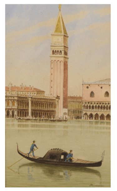 MOISSONNIER (XXe siècle) 
Gondole sur grand canal de Venise
Aquarelle, signée en...