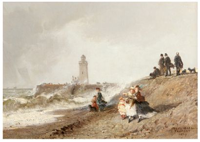 Jules NOËL (1810-1881) 
Le Tréport, tempête sur la côte animée
Huile sur toile, signée,...