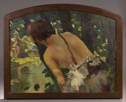 Ecole Moderne Pastoral Scene
Oil on canvas mounted on panel, rounded at the top.
62...
