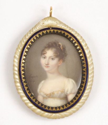 null Oval MINIATURE on ivory representing the portrait of a young woman with a white...