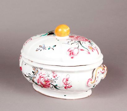 STRASBOURG Covered oval earthenware terrine with polychrome decoration of bouquets...