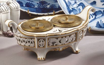 SAINT-CLÉMENT Oval earthenware oiler holder with openwork decoration of friezes of...