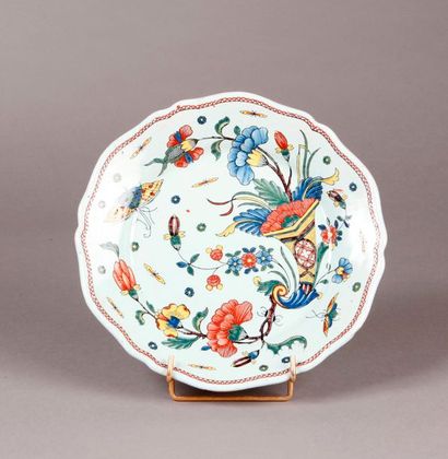 ROUEN Plate with contoured edge in earthenware with polychrome decoration of a flowered...