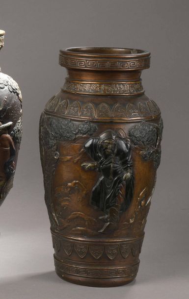 null Pair of lacquered terracotta baluster-shaped VASES decorated in semi-relief...