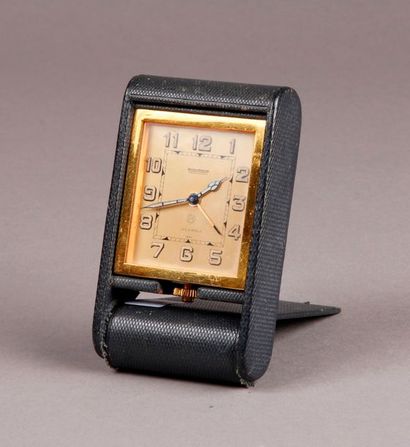 JAEGER-le COULTRE pour HERMÈS Foldable travel alarm clock in bronze, blue grief case...