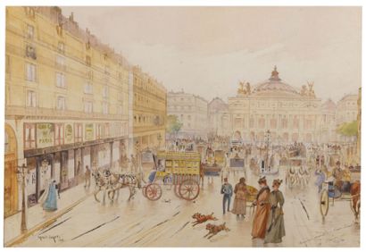 Francis GARAT (né en 1853) 
Place de l'Opéra in Paris animated
watercolour signed...