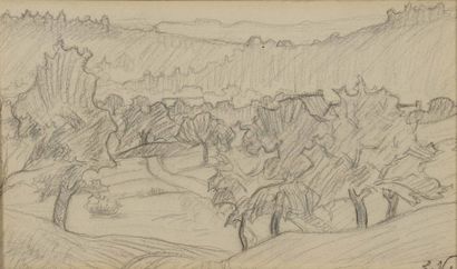 Emmanuel de la VILLÉON (1858-1944) 
Paysage provençal aux oliviers
Dessin au crayon,...